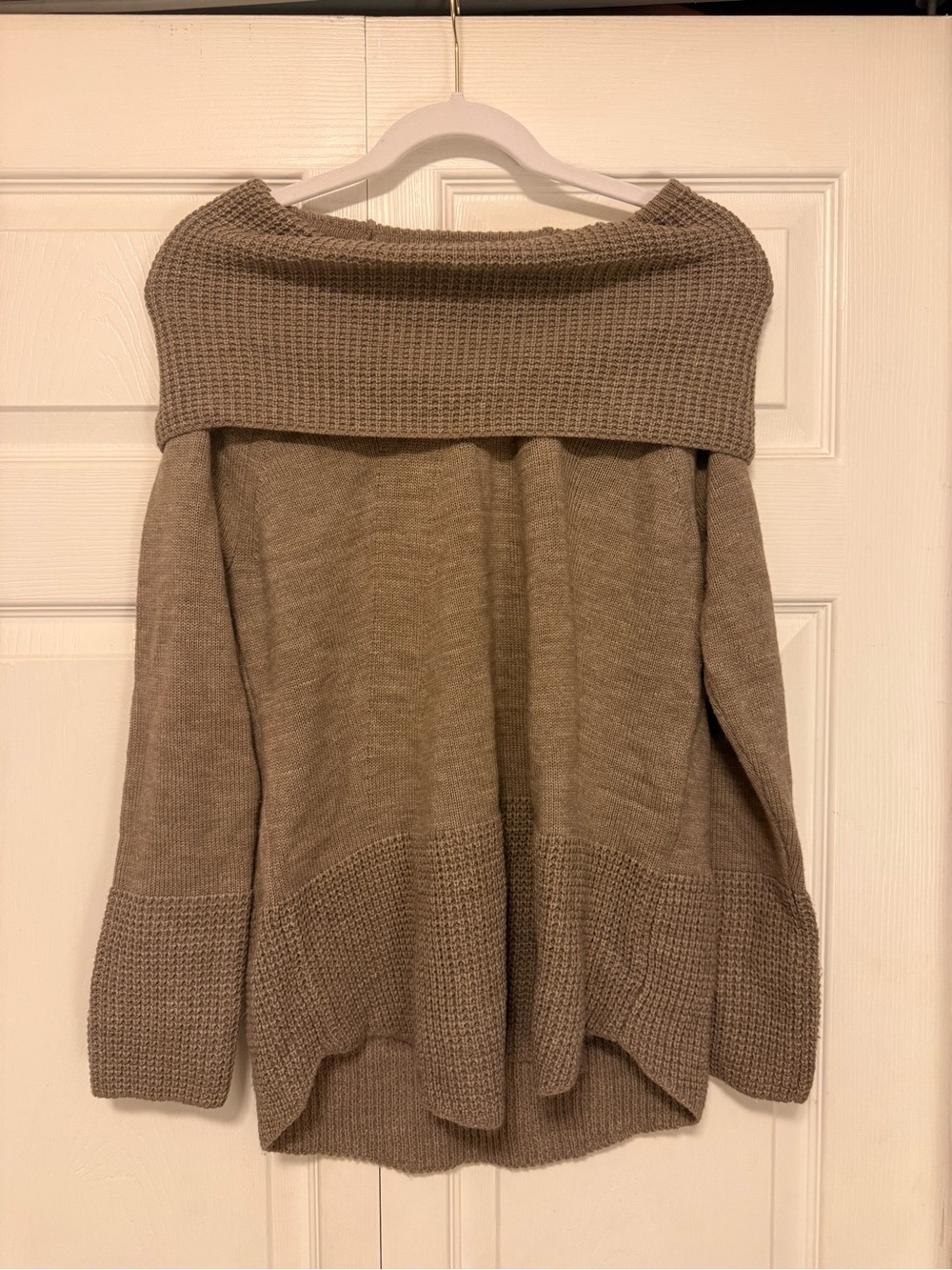 Calvin Klein Off-Shoulder Taupe Knit Sweater